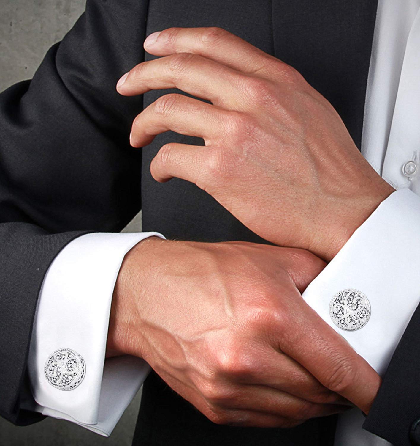 Zivom® Studded Austrian Crystal Cubic Zirconia Silver Brass Office Formal Shirt Blazer Cufflinks Pair Men Gift Box