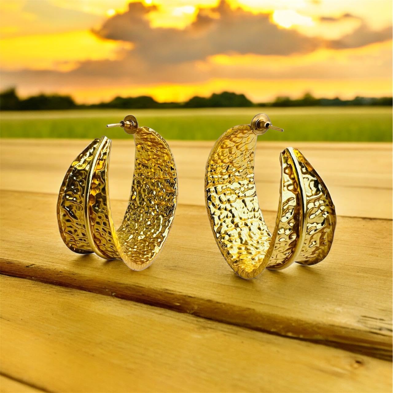 Jiaara Handcrafted Hammered Brass Gold Bold Hoop Earrings For Women