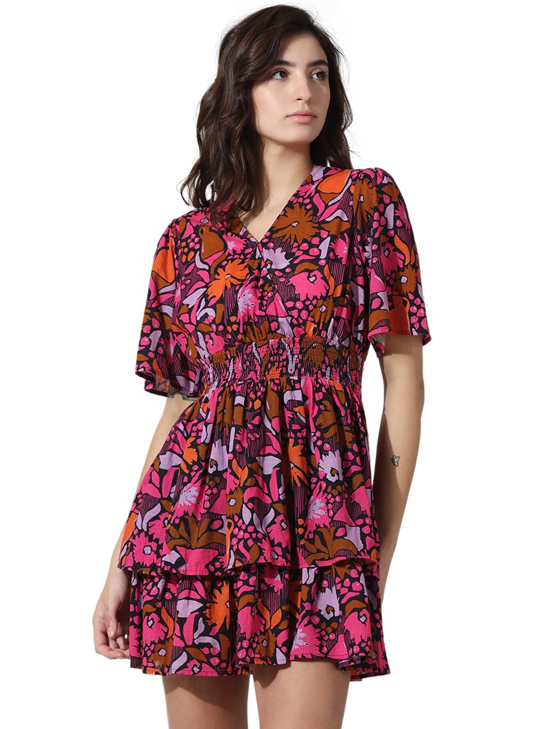 ONLY Women Printed Cotton Above Knee Pink Tiered Dress