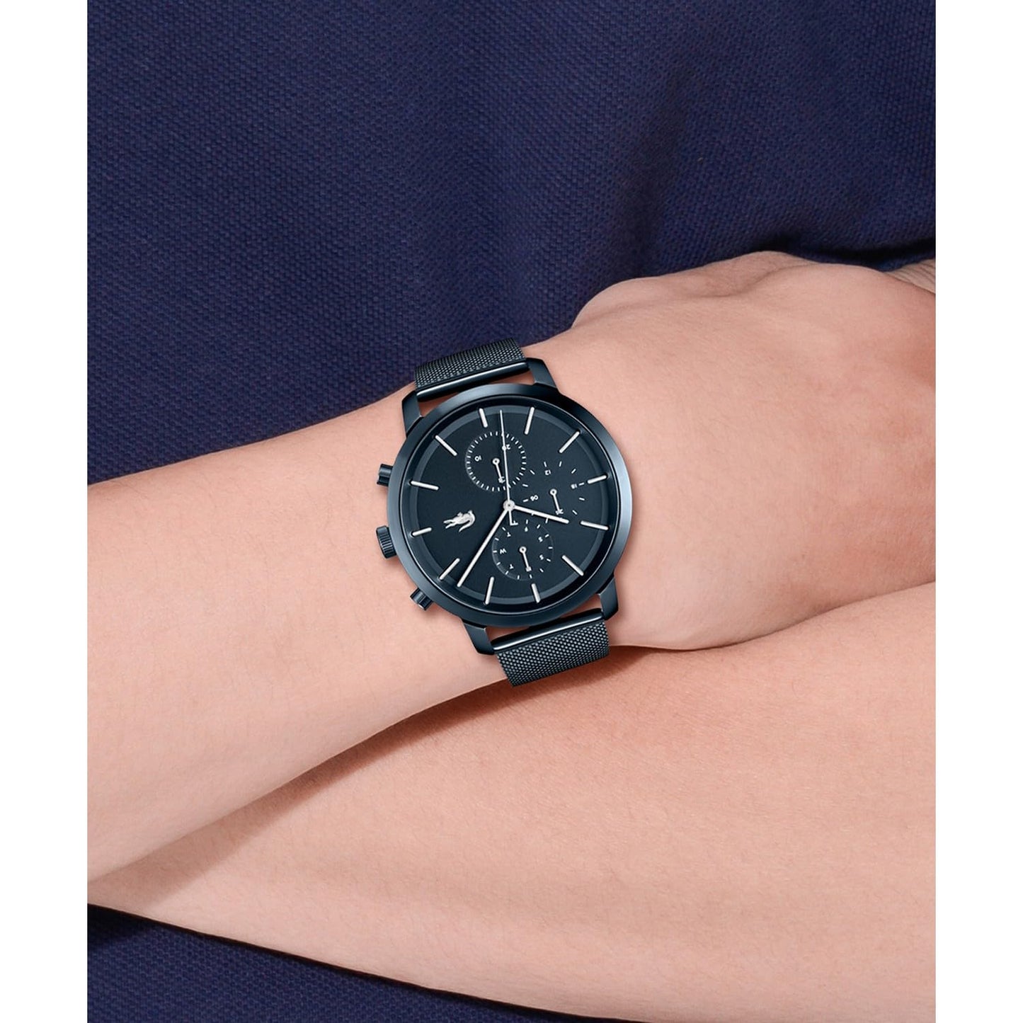 Lacoste Replay Qtz Multifunction Blue Round Dial Men's Watch|Ionic Plated Dark Blue Steel Material|Multi Color Band - 2011196