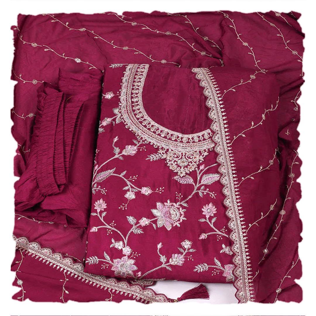 Meena Bazaar Wine Embroidered Salwar Suit Dress Material