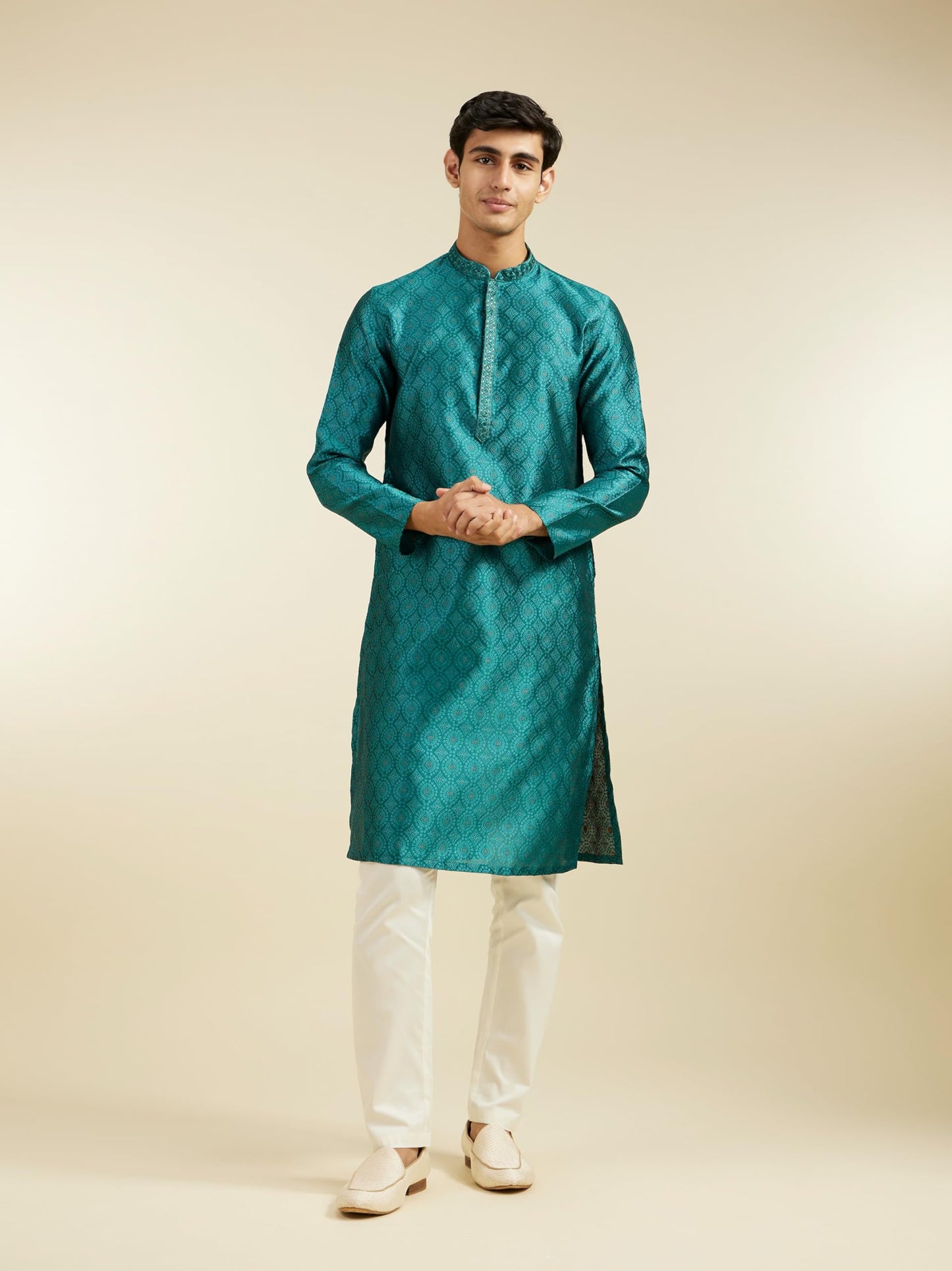 DIWAS BY MANYAVAR Men's Art Silk Jacquard| Self Design Kurta (Teal Green,XXXL)