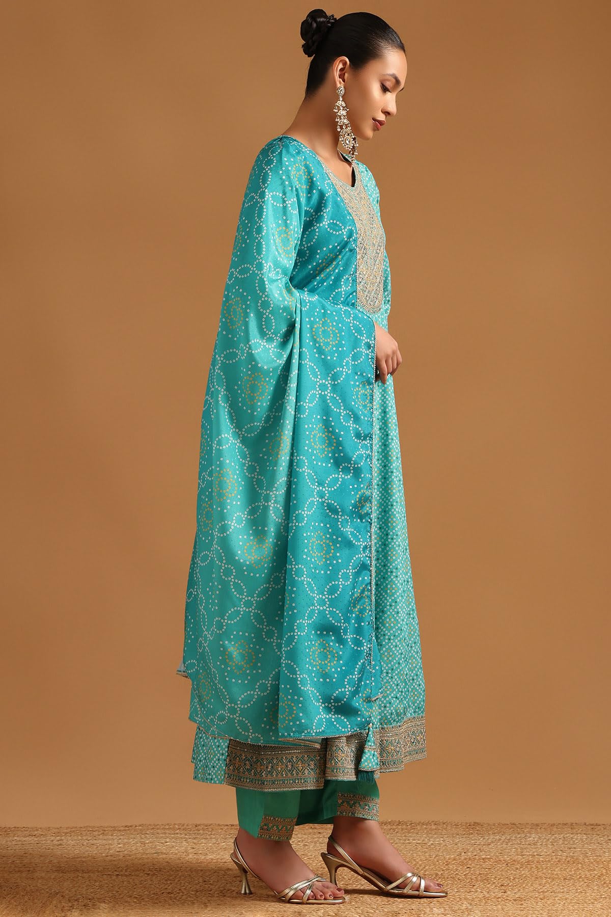 Soch Womens Blue Polyester Bandhani Salwar Suit With Sequins