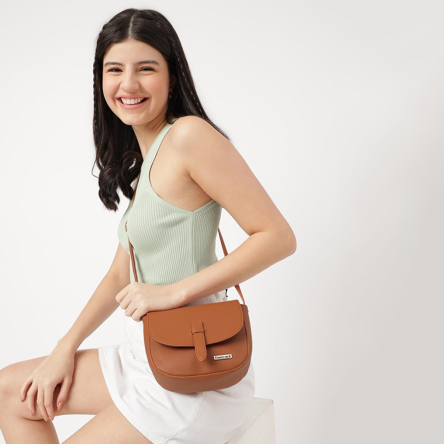 Fastrack Solid Sling Bag For Women, Girls and Ladies| with Non-Detachable Sling Strap | Durable PU Construction, Tan