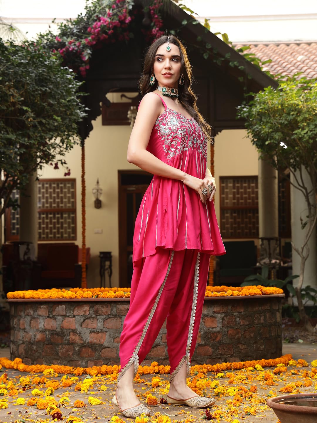 Stylum Women's Solid & Embroidered Rayon A-Line Kurti Dhoti Pant Set