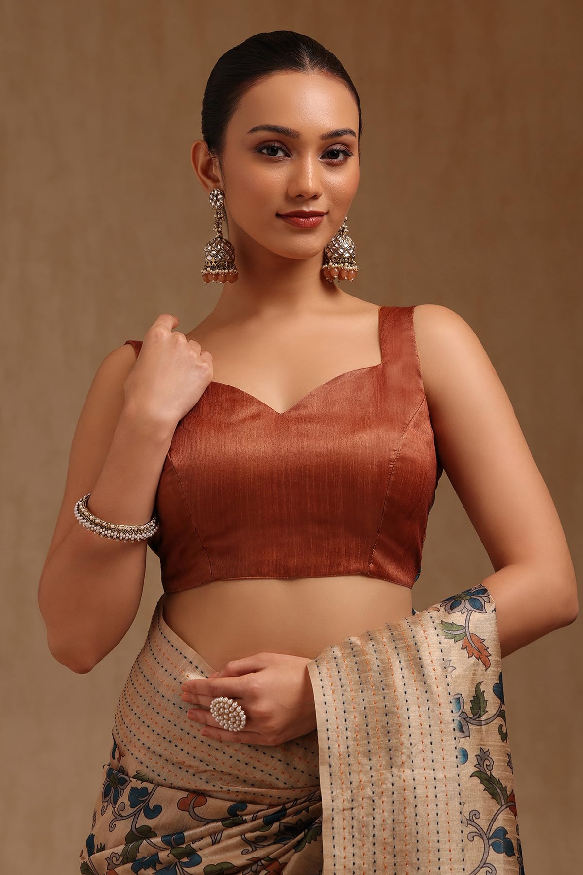 Soch Womens Beige Chanderi Botanical Print Saree With Thread Work