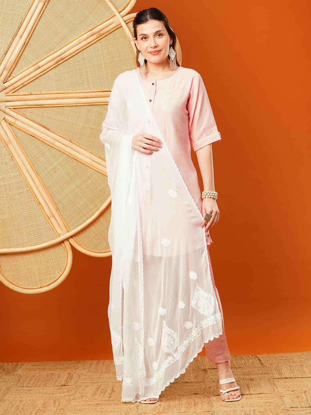 Ada Hand Embroidered Lucknowi Chikankari Chiffon Dupatta Stole for Women A511217 White