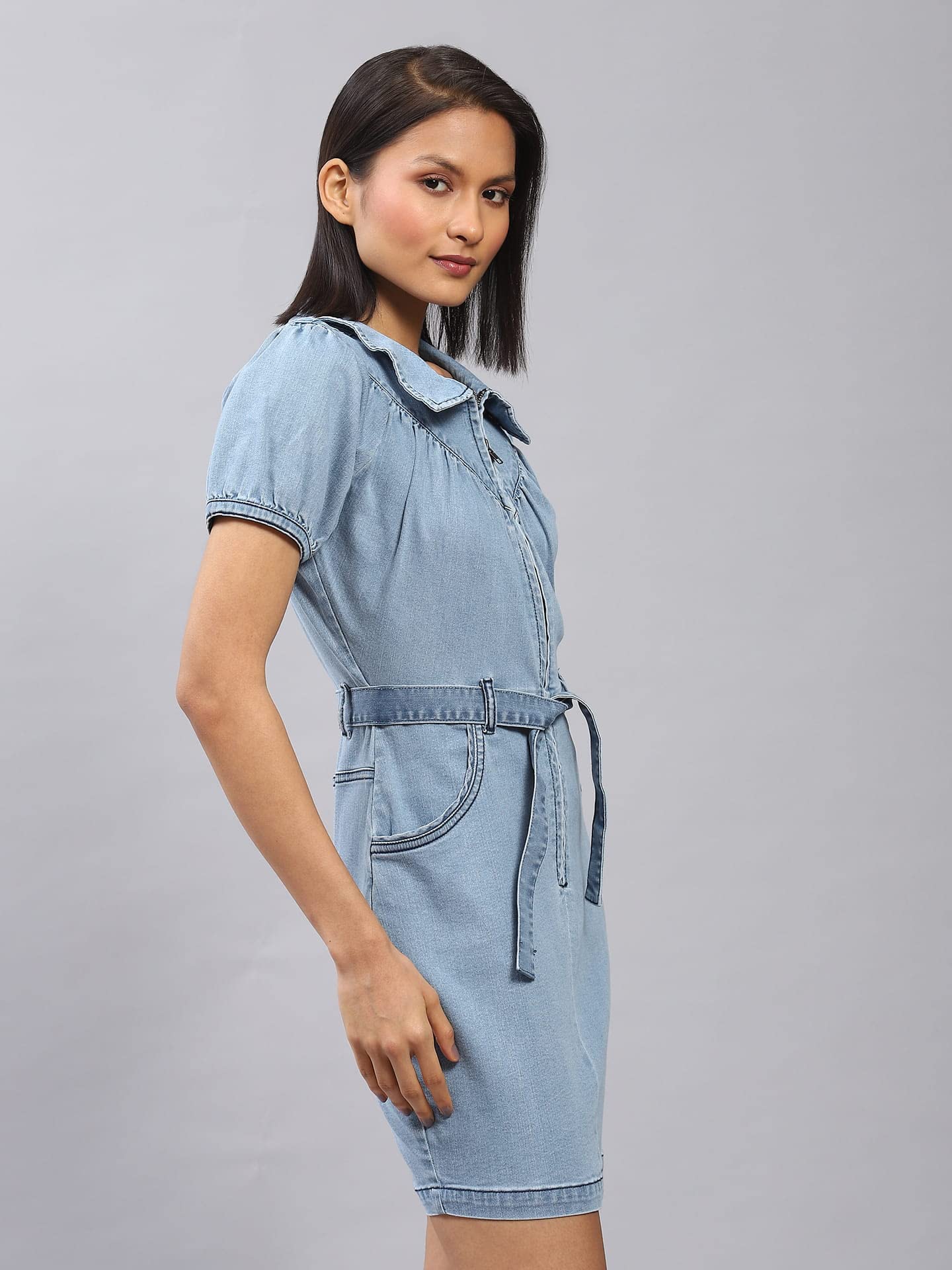 Label RITU KUMAR Light Blue A-line Denim Dress with Belt