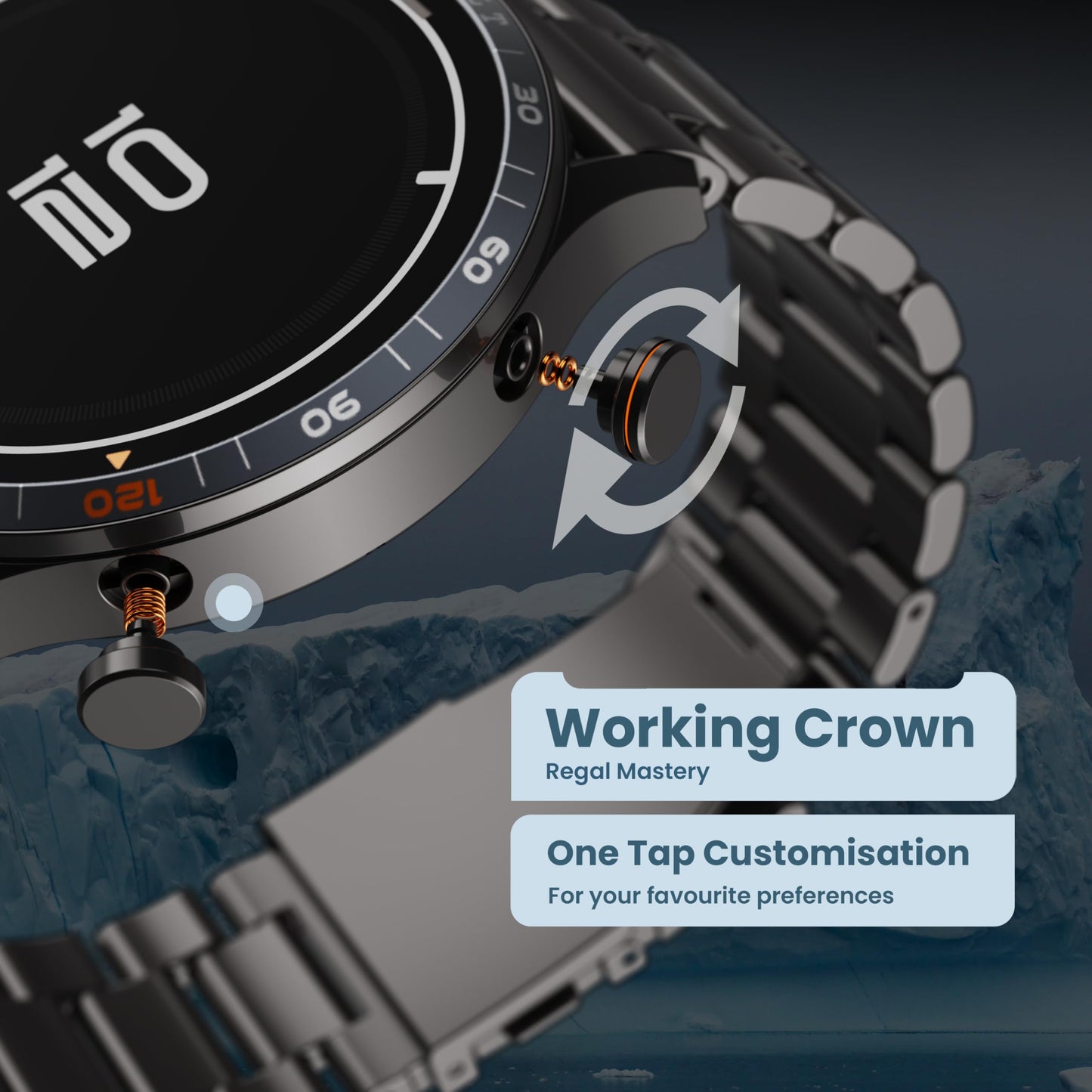 GOBOULT Newly Launched Crown R Pro Smart Watch 1.43''HD AMOLED, BT Calling, Working Crown, Zinc Alloy Frame, 600 Nits Brightness, AI Voice Assistant, SpO2 Monitoring, 120+ Sports Mode (Chrome Rig)
