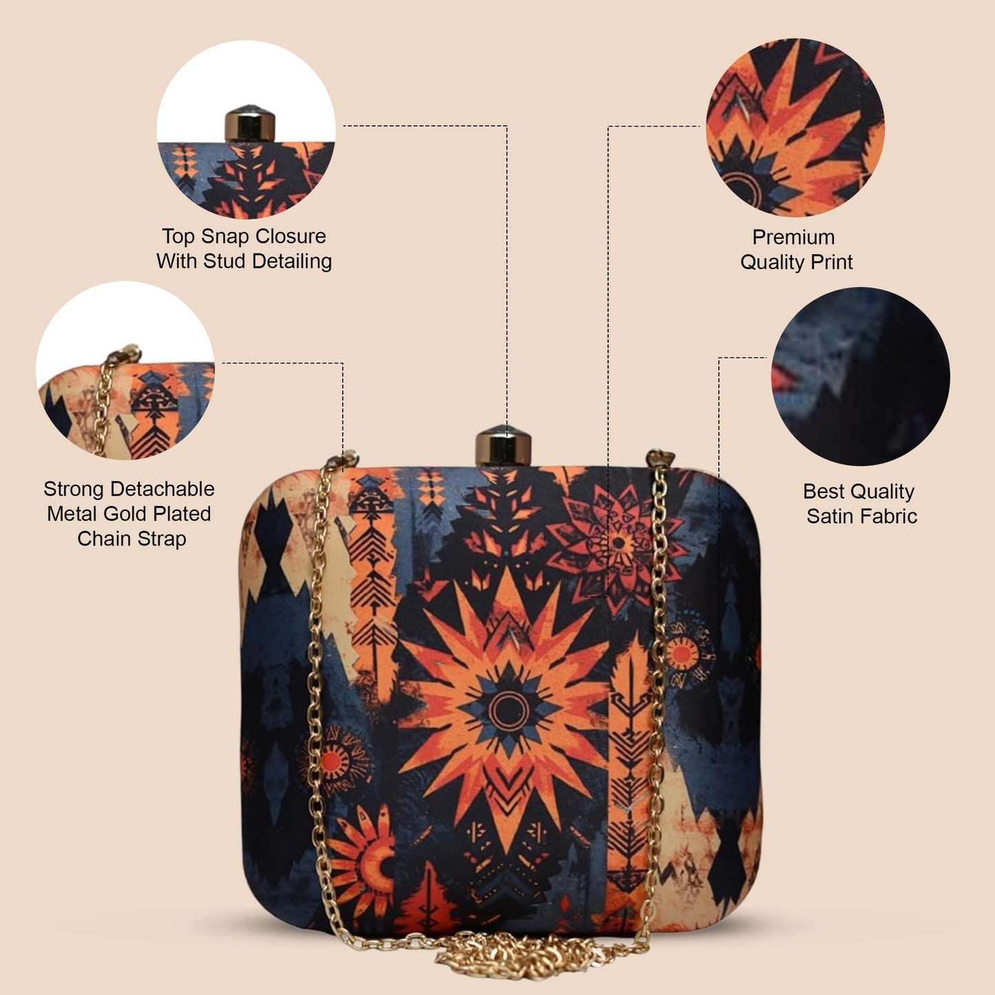 Artklim Design Art Printed And Multi Colour Clutch Bag For Women With Detachable Strap