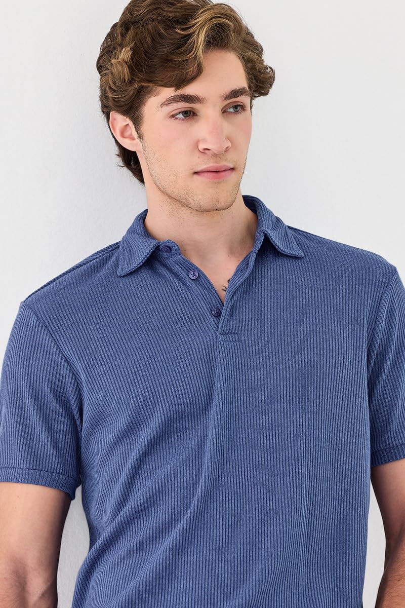 SNITCH Men's T-Shirt | Ribbed Texture Polo Neck & Half Sleeve | Breathable Polyester Blend Stretch Fabric, Regular Fit for Versatile Casual Wear & Everyday Style | Blue