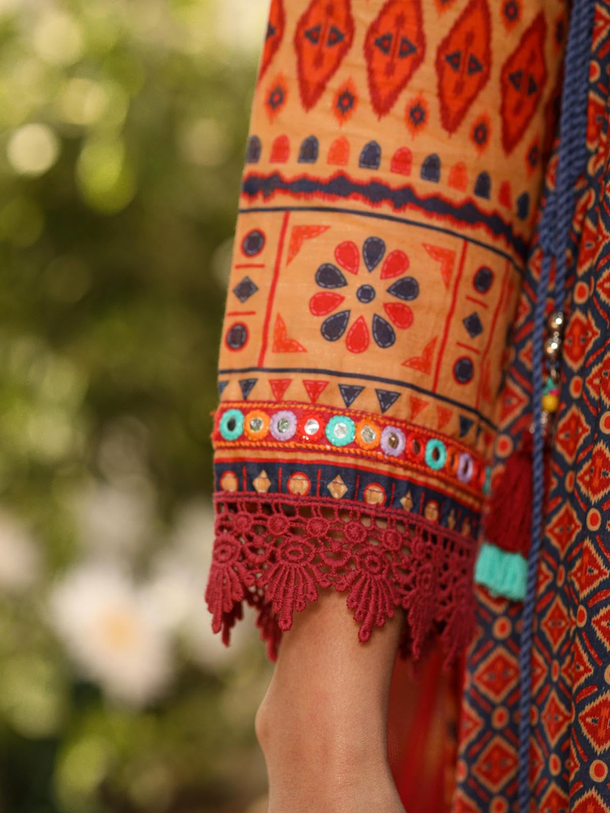 Juniper Rust Pure Cotton Ikat Printed Alia Cut Anarkali Kurta Set With Tassels & Thread Embroidery