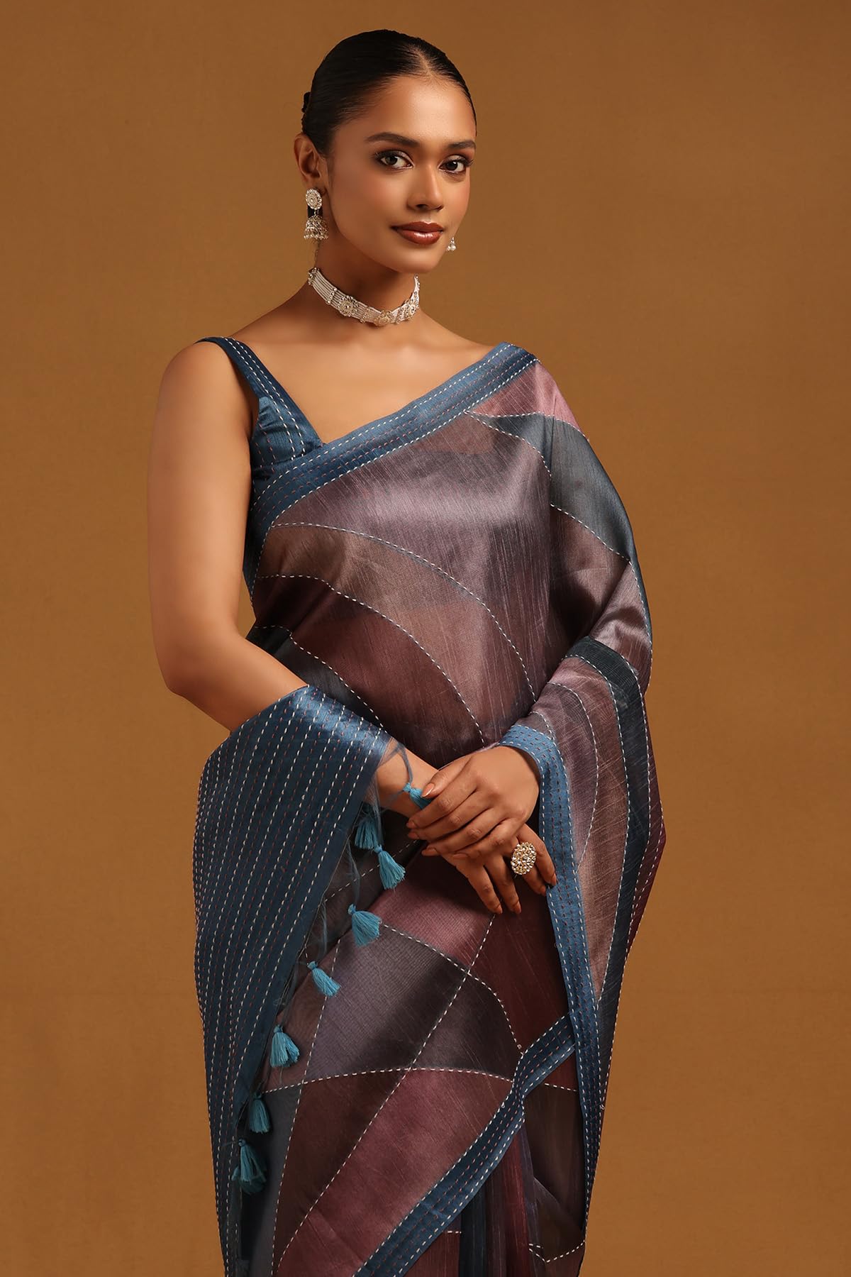 Soch Womens Blue Tussar Abstract Saree With Thread Work