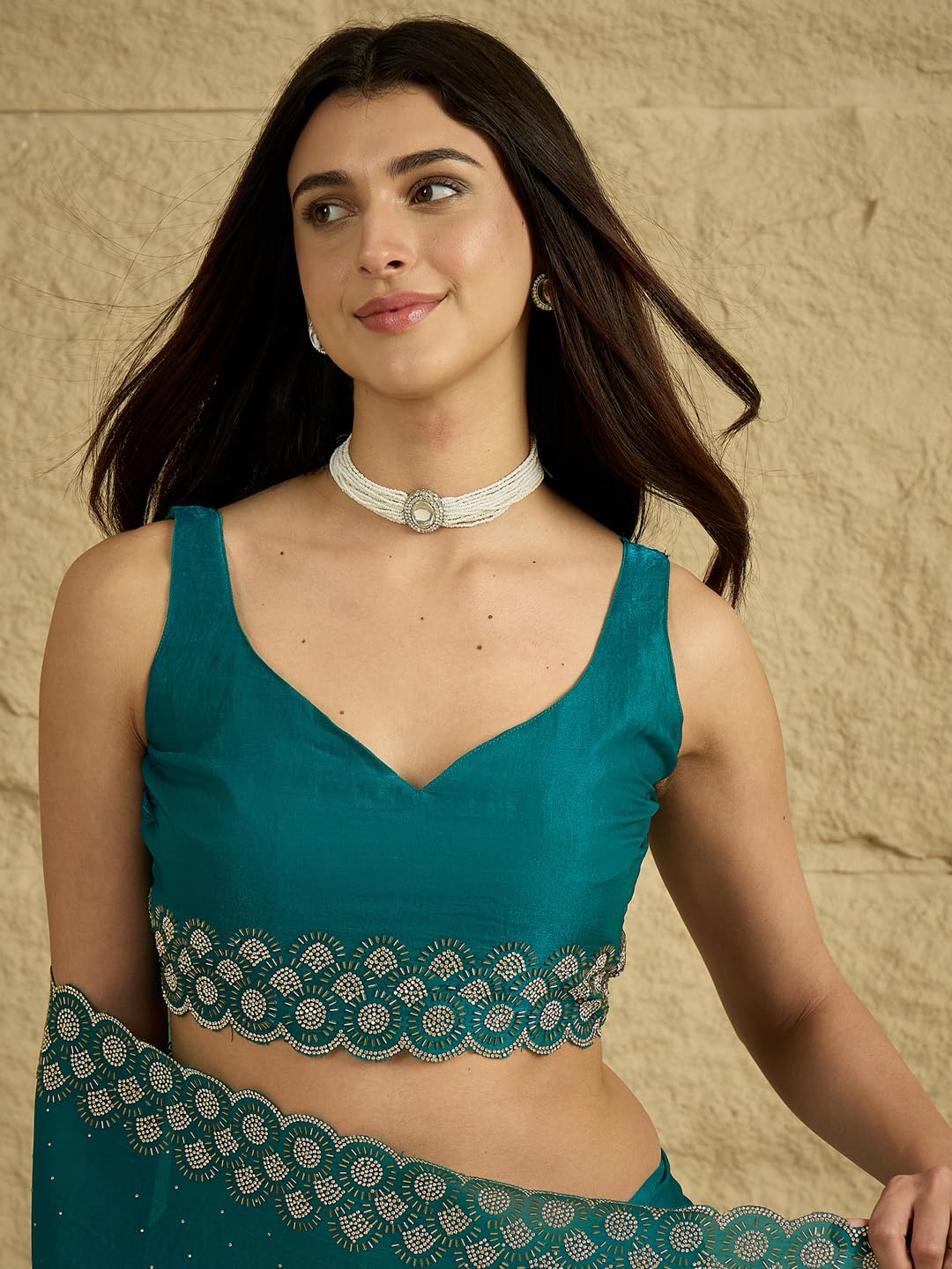 AKHILAM AKHILAMWomen'sTealblueSatinSilkBeads&StonesWorkScallopedBorderSareeWithUnstitchedBlousePiece|sareeforwoman|DesignerSareeforWomen|Soft and Skin Friendly(VT6074B_VM)