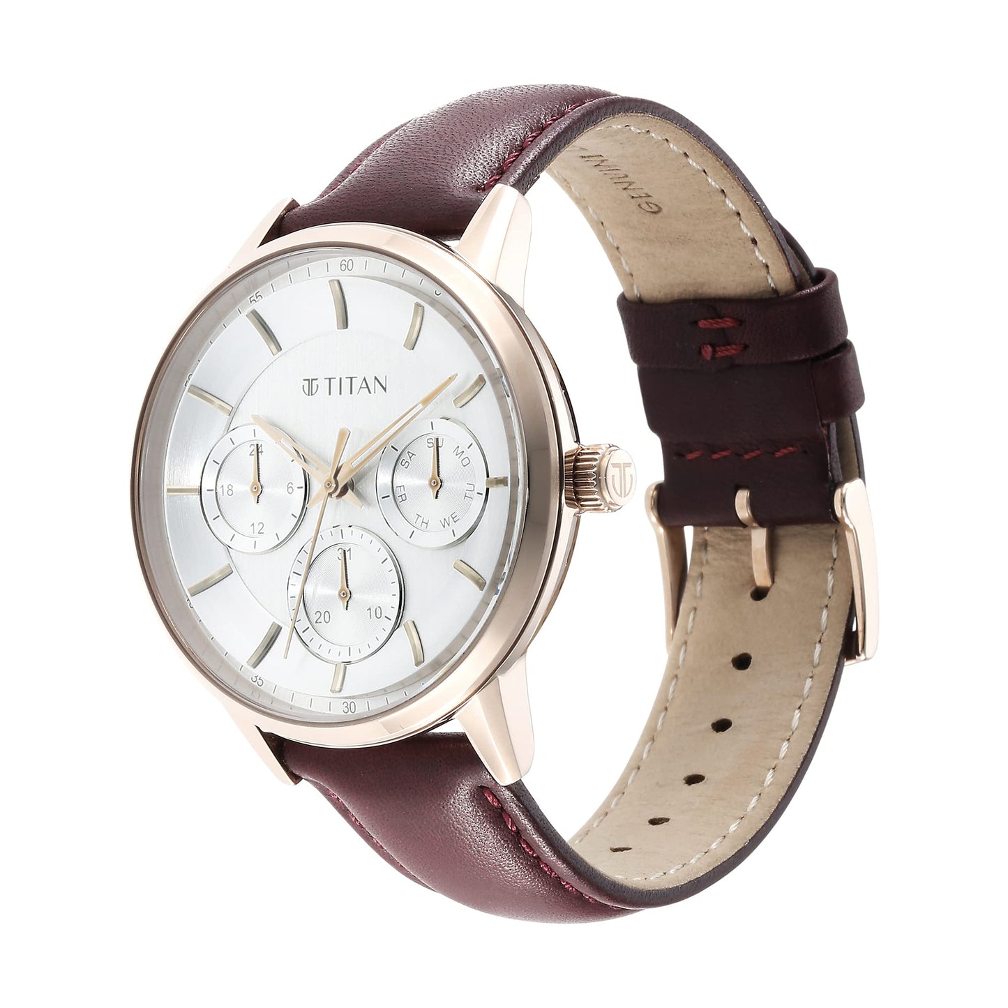 Titan Urban Magic Quartz Multifunction Silver Dial Brown Leather Strap Watch for Men - NT90133WL01