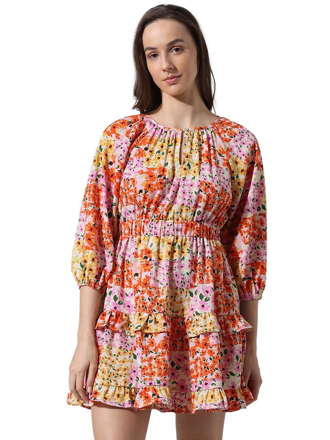ONLY Women Printed Polyester Above Knee Multicolor Tiered Dress