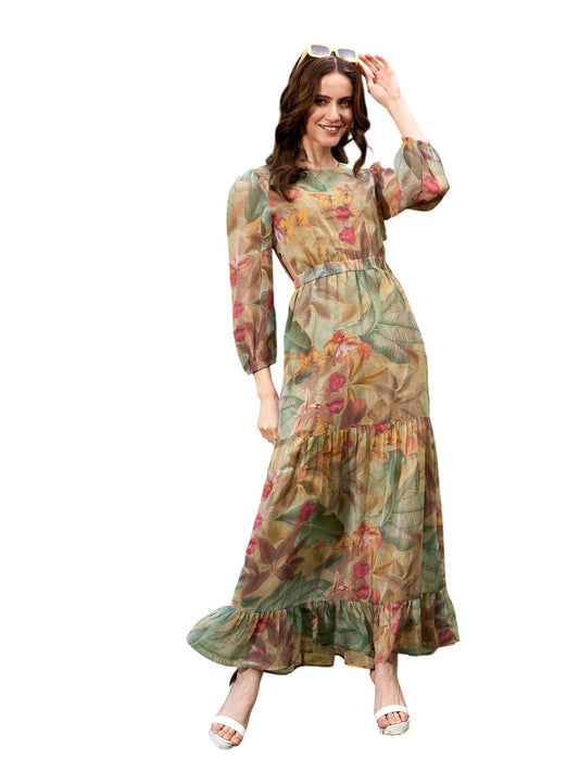 SASSAFRAS Women's Chiffon Maxi Length Dress (SFDRSS11172_Green_L)