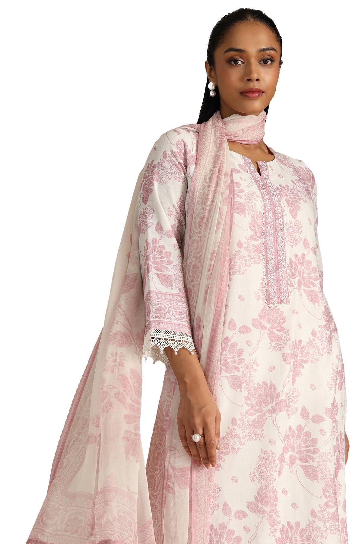 Soch Womens Off White Linen Floral Print Suit Set With Sequins