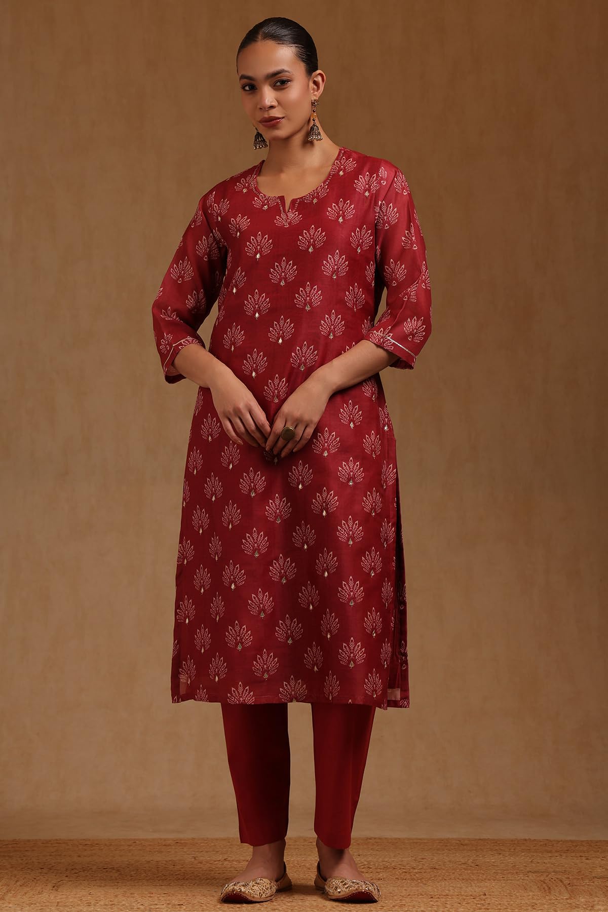Soch Womens Brick Red Chanderi Floral Printed Salwar Suit With Zari