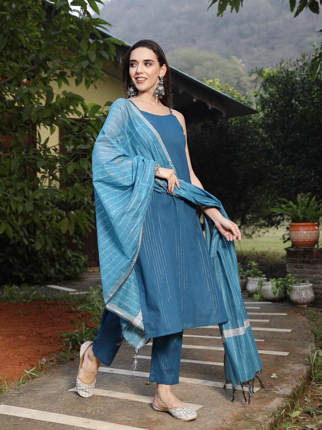 Stylum Women's Woven Design Cotton Blend Straight Kurta Pant Dupatta Set