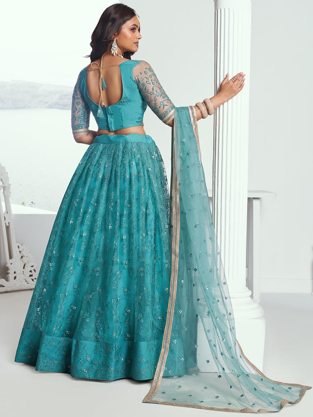 Zeel Clothing Women's Cotton Thread Sequins Work Embroidery Soft Net Readymade Lehenga Choli Set With Dupatta (Nfh-2201-Rama-Green-Women-Lehenga-Choli-Latest; Free Size)