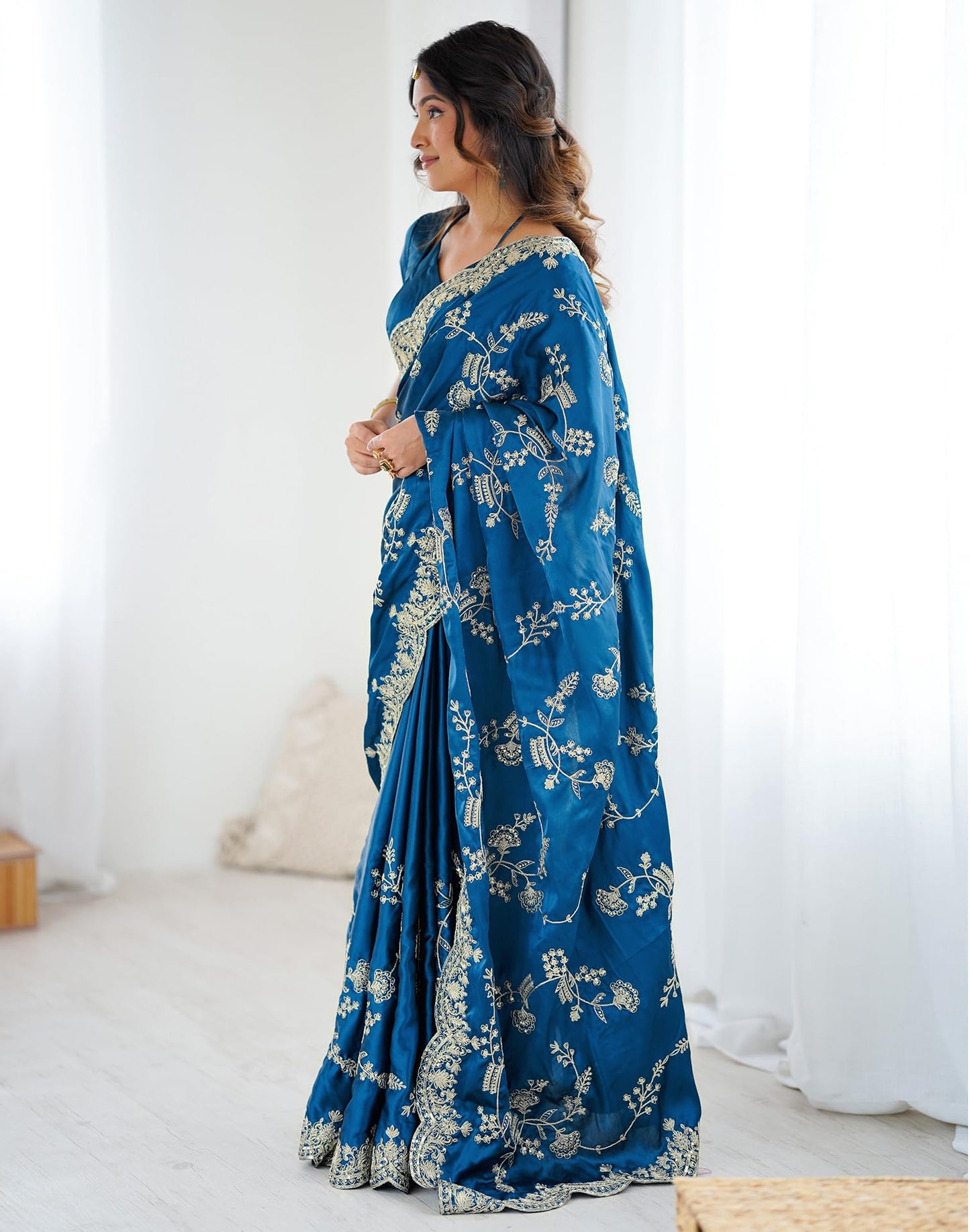 Satrani Women's Satin Embroidery & Sequin Work Saree with Unstitched Blouse Piece (4858S171N_Teal Blue)