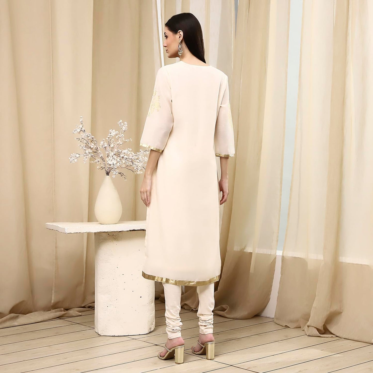 Biba Women's Poly Chanderi Kurta Set (SKDASRT7716ESS25OWHT_Off White