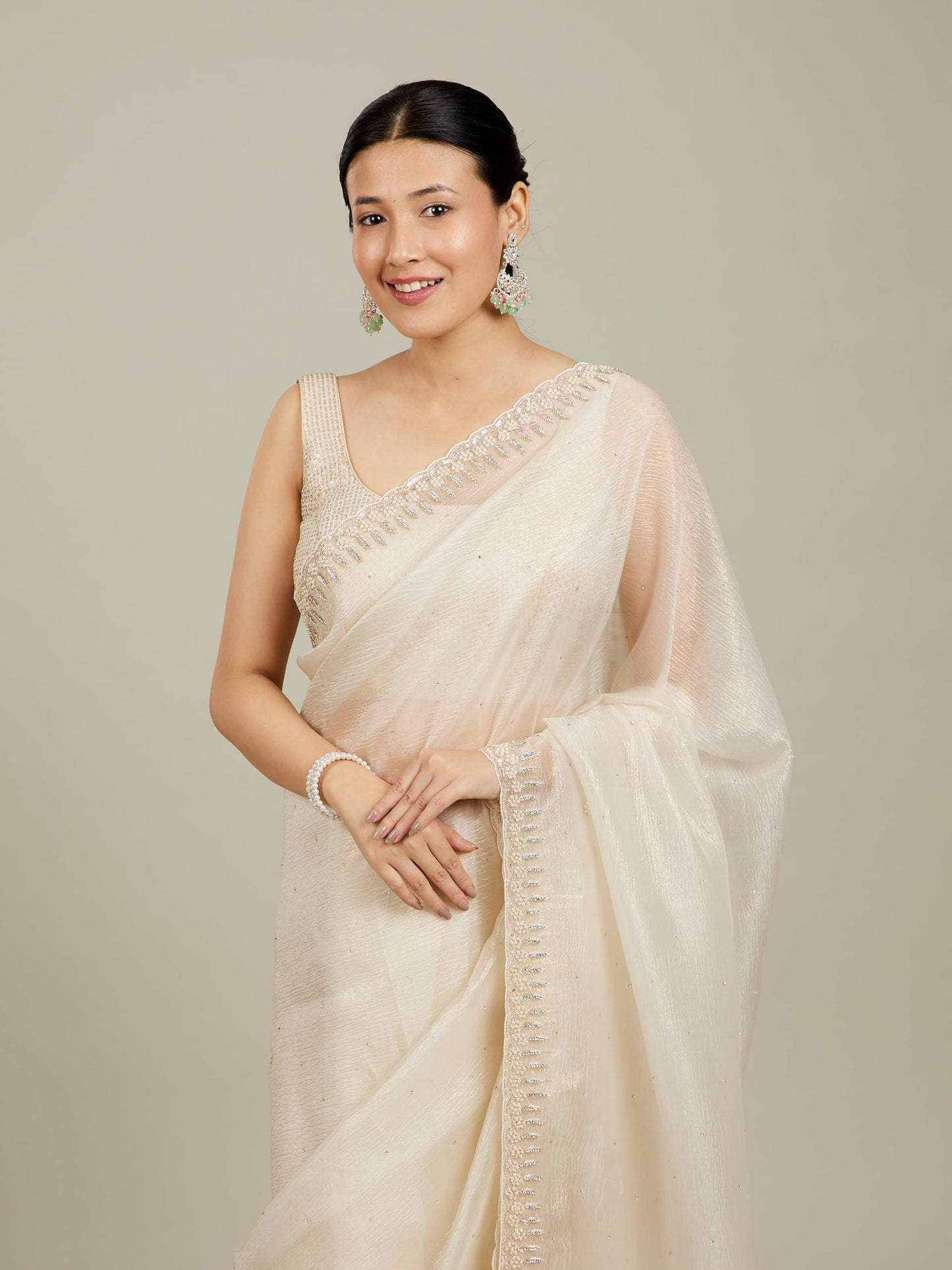 MOHEY Women's Chinon Hand Embroidered & Sequinned Saree(Cream)