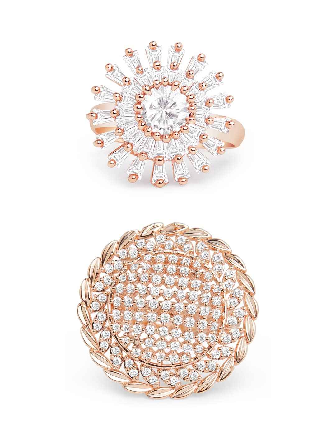 ZAVERI PEARLS Set of 2 Rose Gold Cubic Zirconia Contemporary Adjustable Finger Rings For Women-ZPFK13455