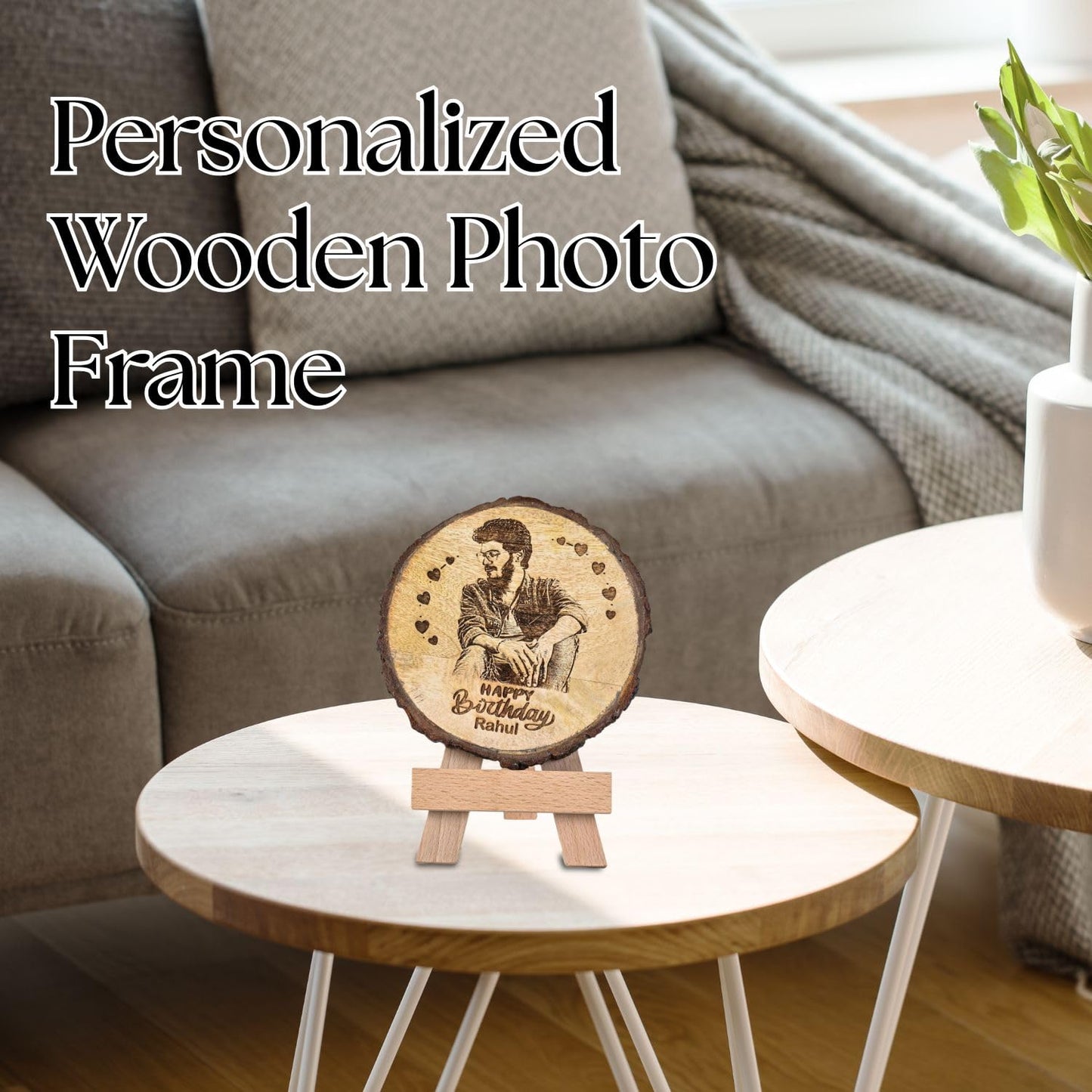 Giftanna Customize Engraved Natural Slice Wooden Round Photo Frame, Personalized Photo Gift For Birthday, Wedding, Real Wood Plaque With Wood Stand, Tabletop_ 5.5X5.5 Inches