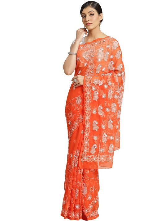 Ada Women's Hand Embroidered Lucknow Chikan Faux Georgette Saree with Unstitched Blouse A250039, Orange