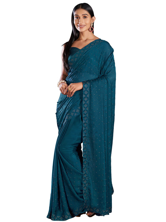 AKHILAM Women's Satin Embellished Designer Saree With Unstitched Blouse Piece (GLMP1402_Teal blue)