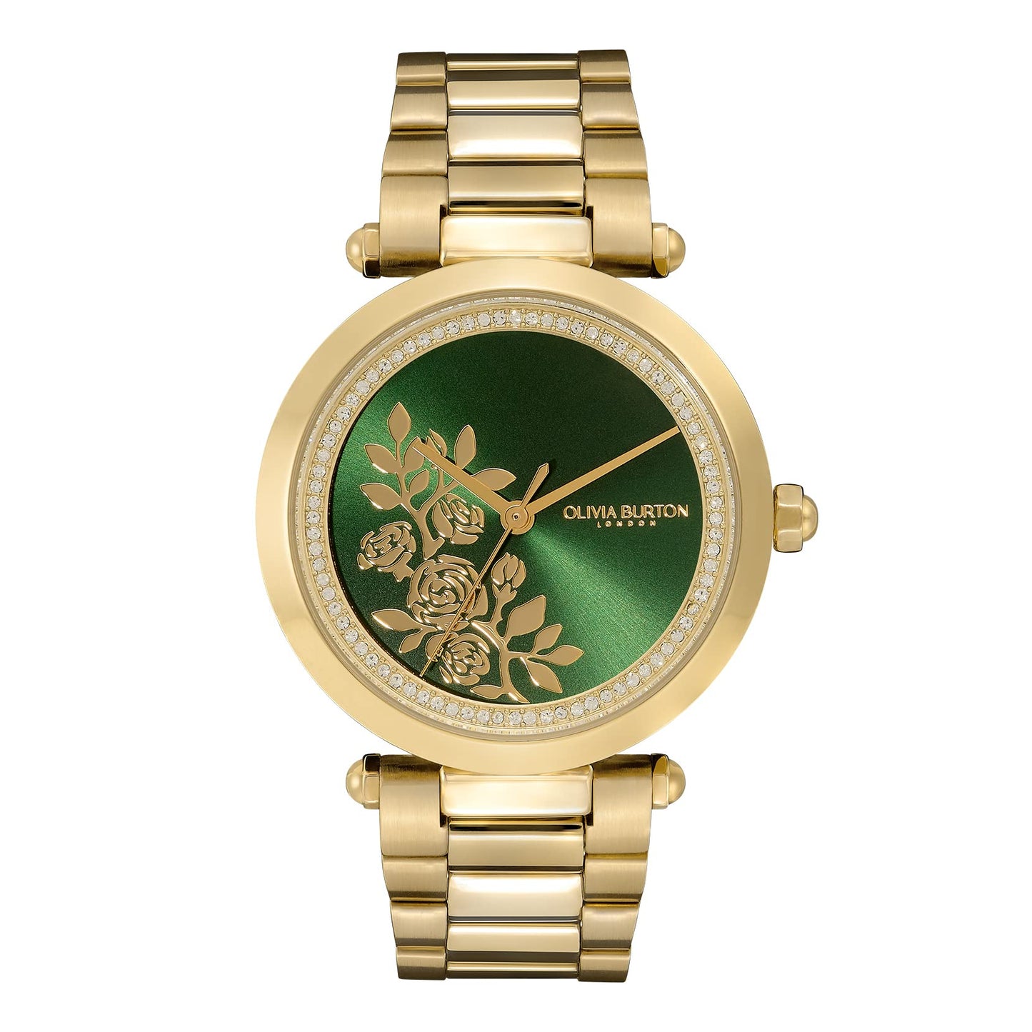 Olivia burton Tbar Floral Qtz Basic Green & Stone Round Dial Women's Watch|Ionic Plated Gold Steel Material|Gold Color Band - 24000043