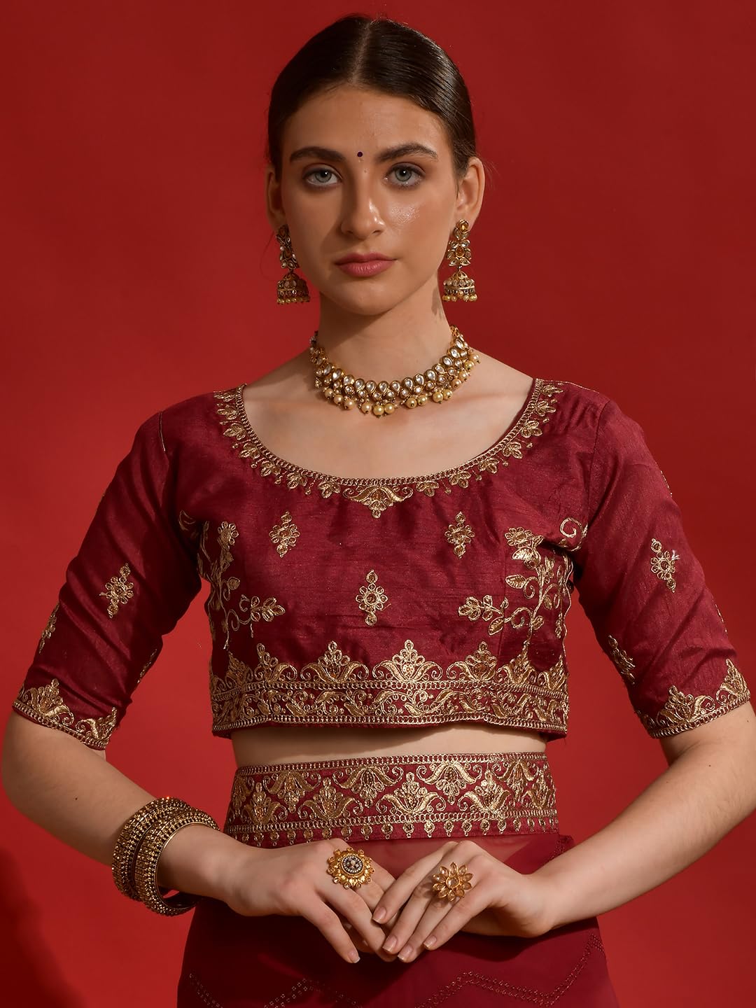 AKHILAM Women's Embellished Embellished Printed Georgette Saree With Unstitched Blouse Piece, Maroon