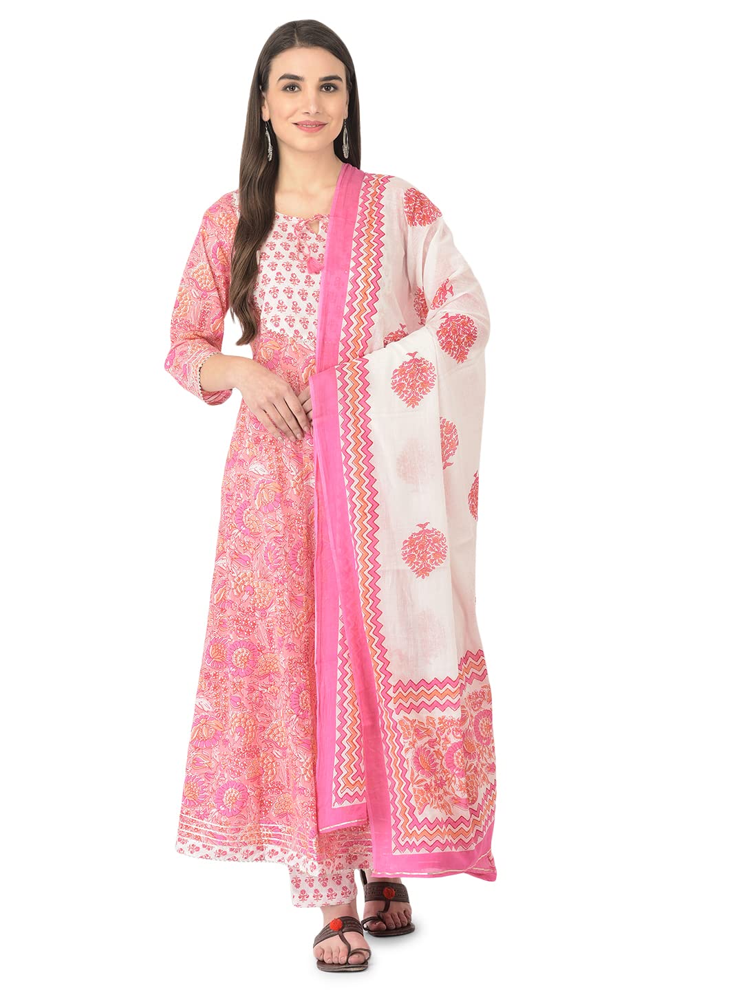 Pistaa's Women Cotton Anarkali Flair Suit Set (Pink, X-Large)