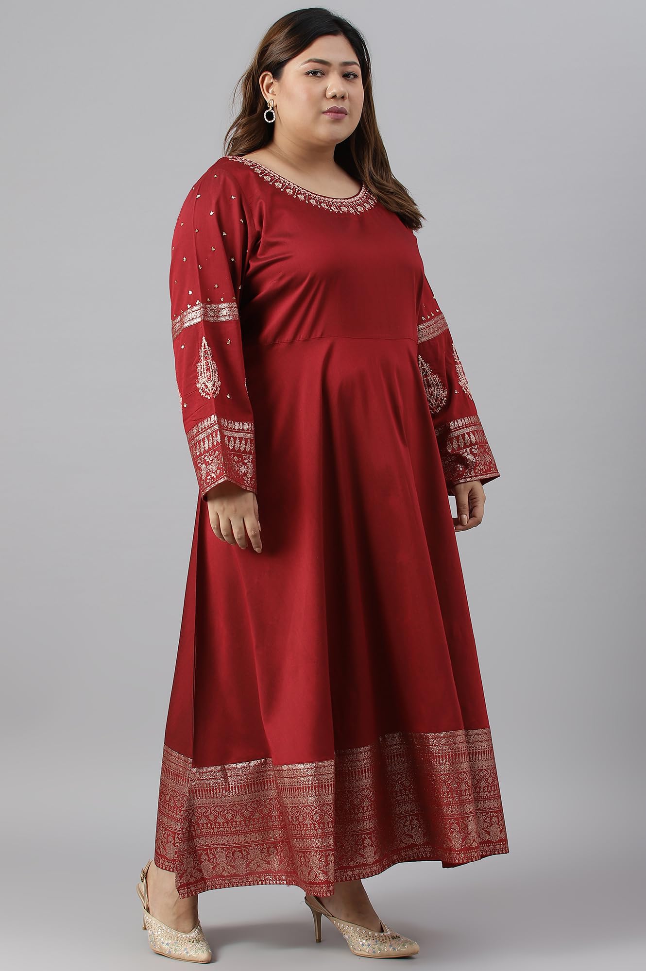 W for Woman Maroon Festive Plus Size Gown with Embroidery on Neck and Sleeves_22AUW18361G-217627_4XL