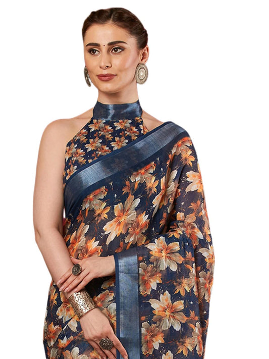 SIRIL Women's cotton Printed & Zari Border Saree With Unstitched Blouse Piece (4403S385A_Navy Blue)