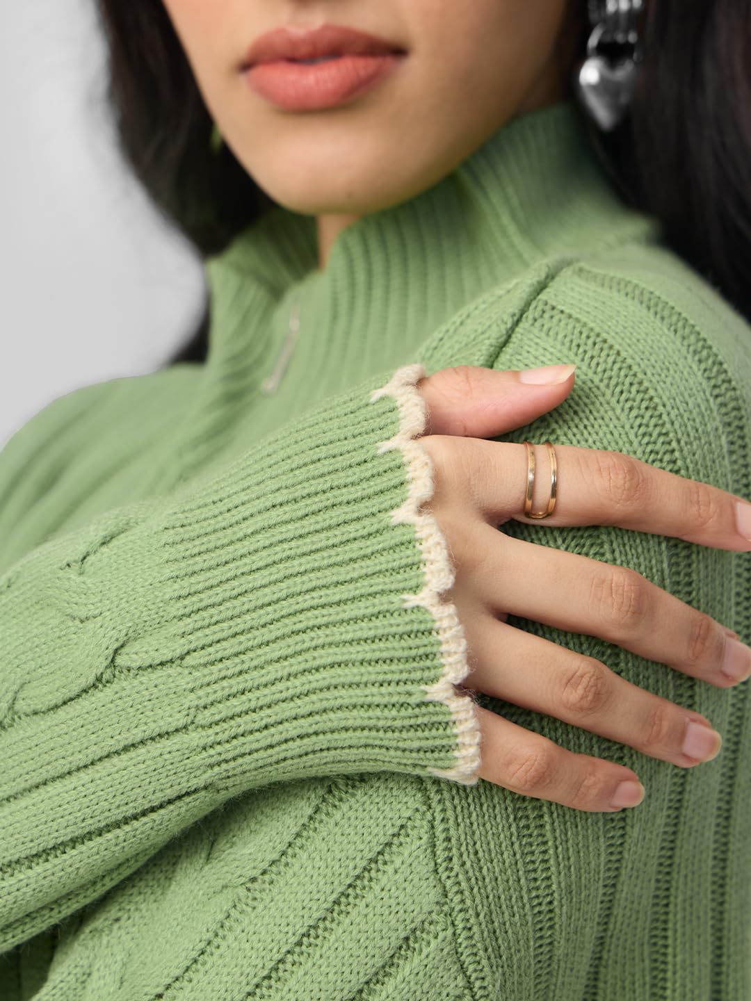 The Souled Store High-Neck Sweater: Soft Sage Women and Girls Full Sleeves Mock Neck Green Solid Acrylic Ribbed Texture Lightweight Everyday Oversized Fit Sweater