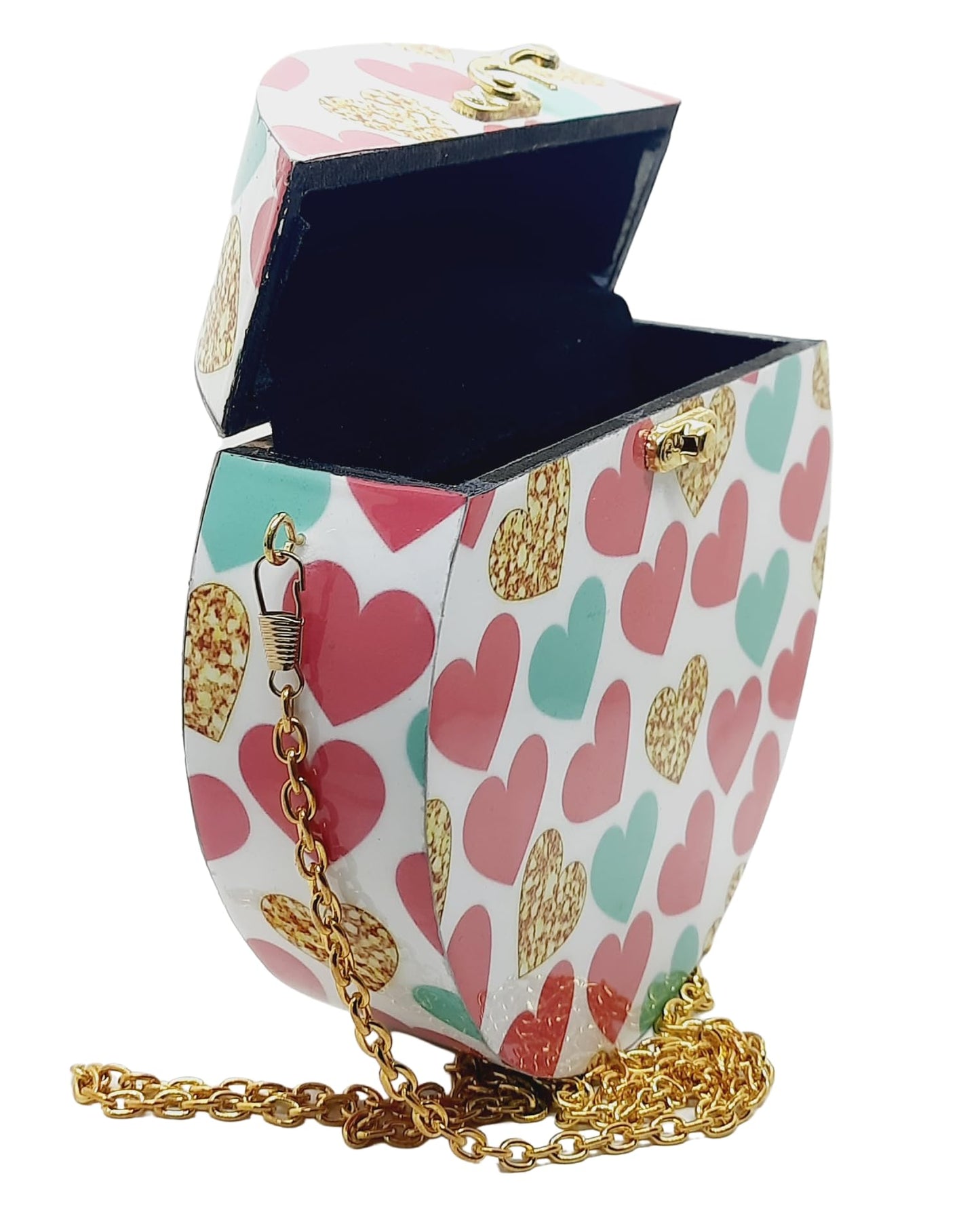 Trend Overseas Women's Handmade Wooden Printed Round Ethnic Clutch Bag/Bridal Purse/Handbag_Crossbody Sling Bags for Party (7.5 Inch) (Pink Heart)