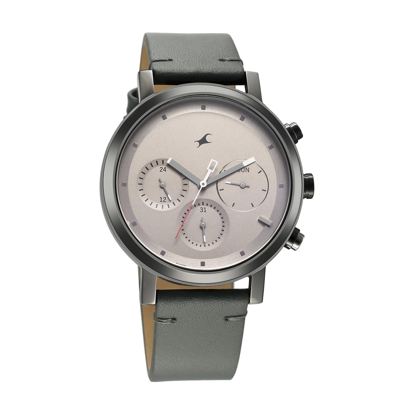 Fastrack Tick Tock Quartz Analog Grey Dial with Grey Leather Strap Watch for Guys-3287KL05