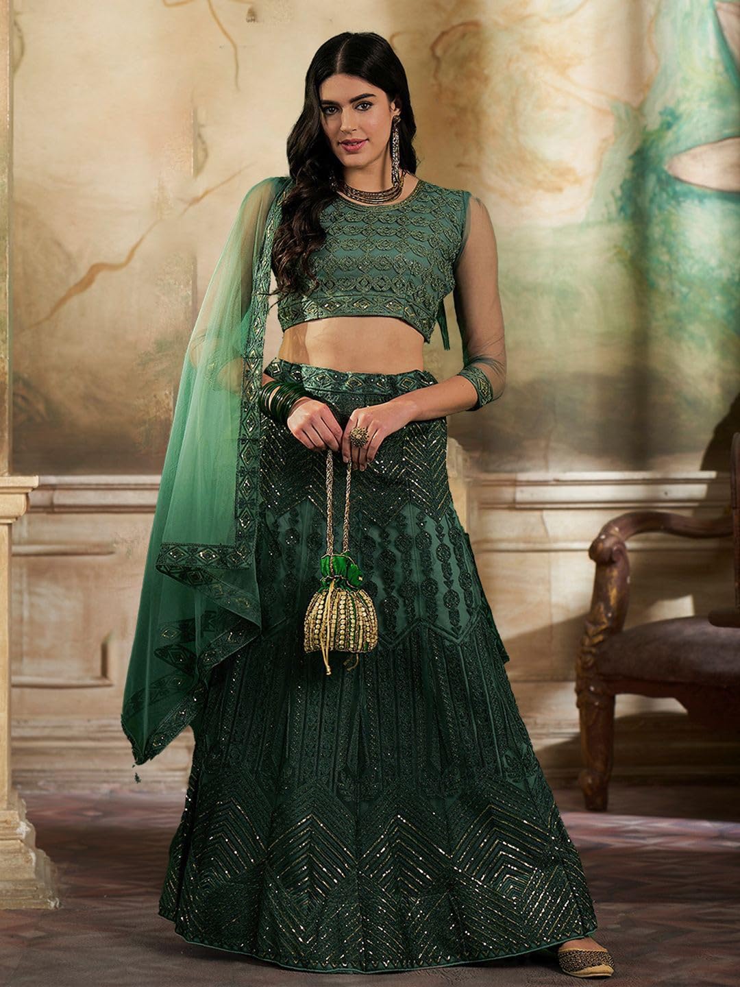 VARNI FABRICS: A lady's First Love Embroidered Lehenga Choli Set with Dupatta, Green and Gold, Zari Work, Semi-Stitched
