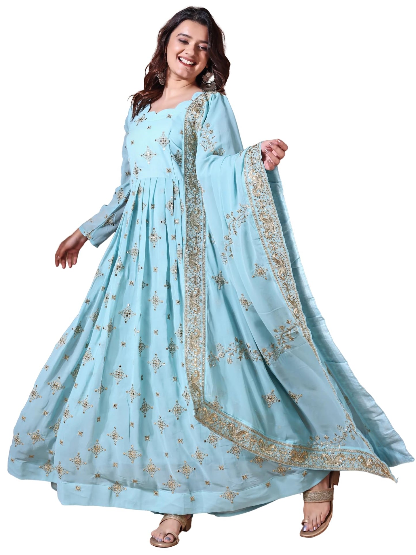 Fashion Basket Georgette Sequins Long Dress for Women (in, Alpha, 2XL, Regular, SKU Blue)