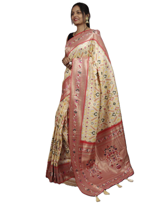 Pandadi Saree Women's Cream Pure Soft Kanchivaram Paithani Silk saree With Unstitched Blouse Piece