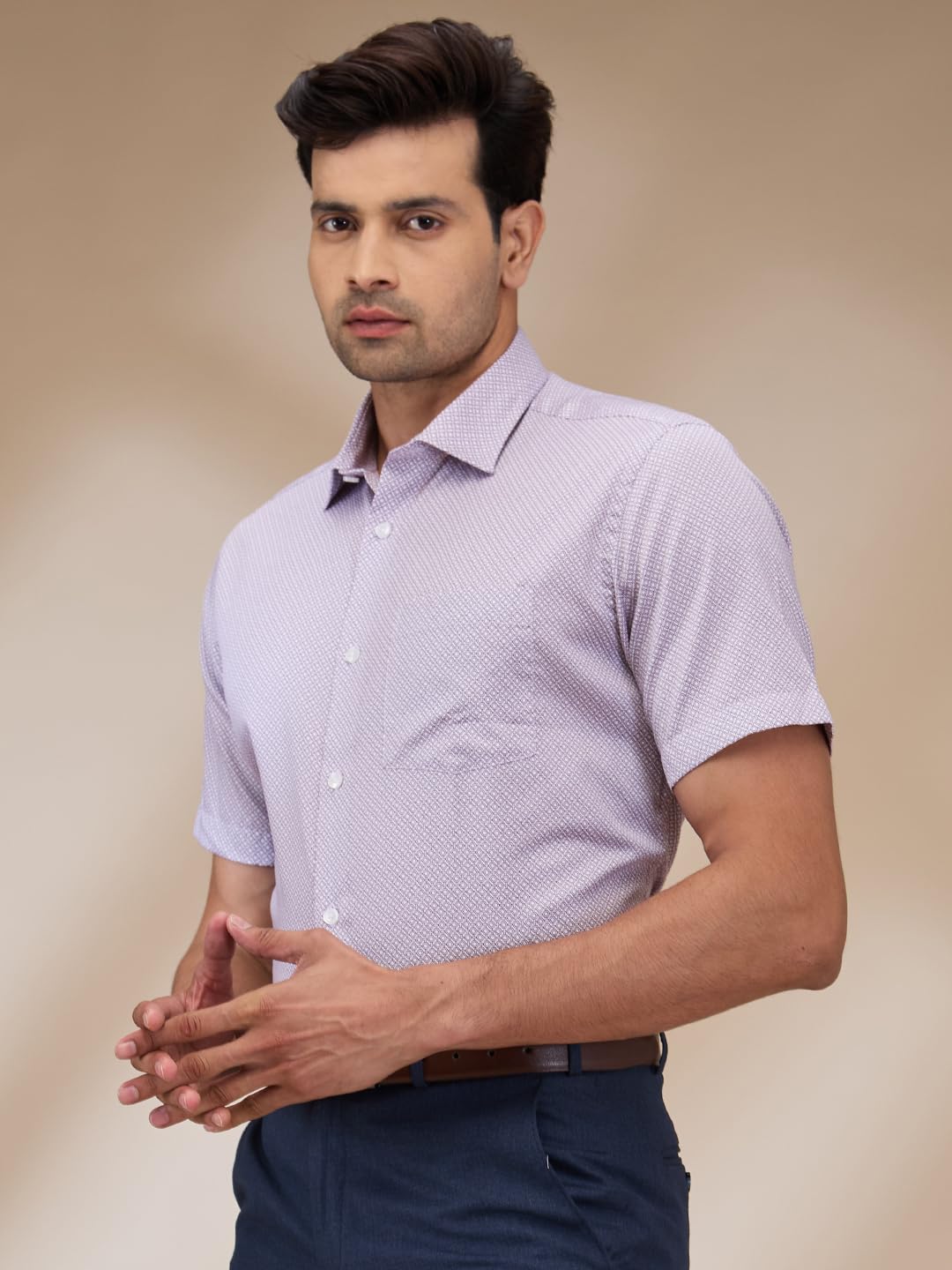 Park Avenue Men Regular Fit Print Pattern Pure Cotton Semi Cutaway Collar Half Sleeve Formal Shirt (Size: 39)-PMSL18534-V5 Medium Violet