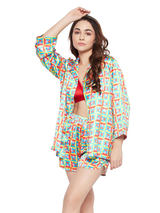 Clovia Women's Satin Printed 3 Piece Nightwear Set (LS0666P19_Multi_XL) Multicolour