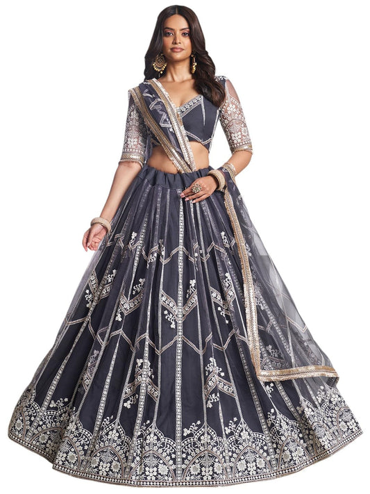 Zeel Clothing Women's Cotton Thread Sequins Work Embroidery Soft Net Readymade Lehenga Choli Set With Dupatta (Nfh-2203-Dark-Grey-Women-Lehenga-Choli-Latest; Free Size)