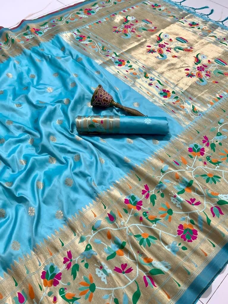 Pandadi Saree Women's Paithani Silk Saree With Blouse Piece (371PS13_Aqua Blue)