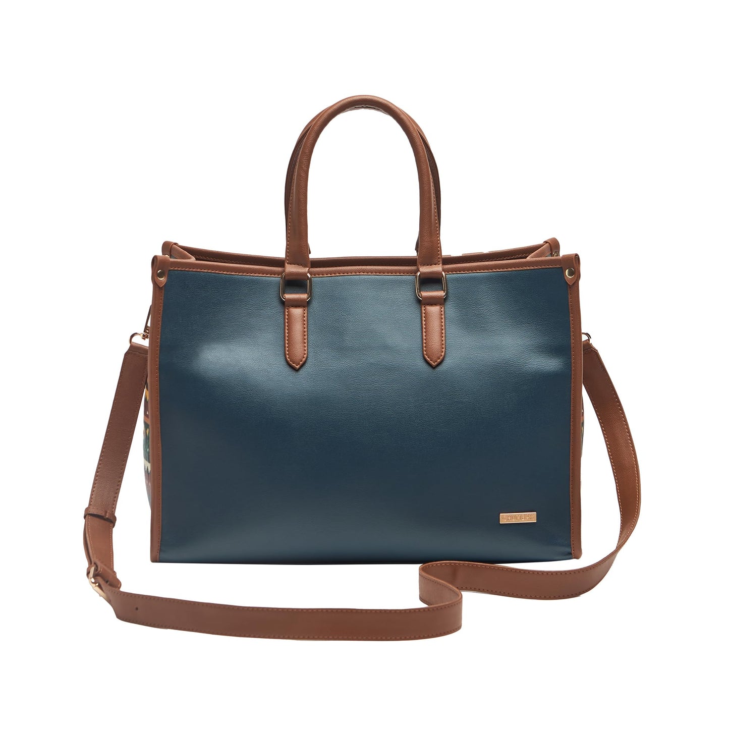 Chumbak Tulum Tote Bag for Women, Navy Floral PU Leather, Digital Nomad Collection, Stylish Travel-Friendly Zipper Tote, Durable and Spacious for Everyday Essentials