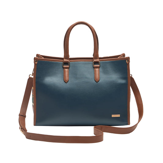 Chumbak Tulum Tote Bag for Women, Navy Floral PU Leather, Digital Nomad Collection, Stylish Travel-Friendly Zipper Tote, Durable and Spacious for Everyday Essentials