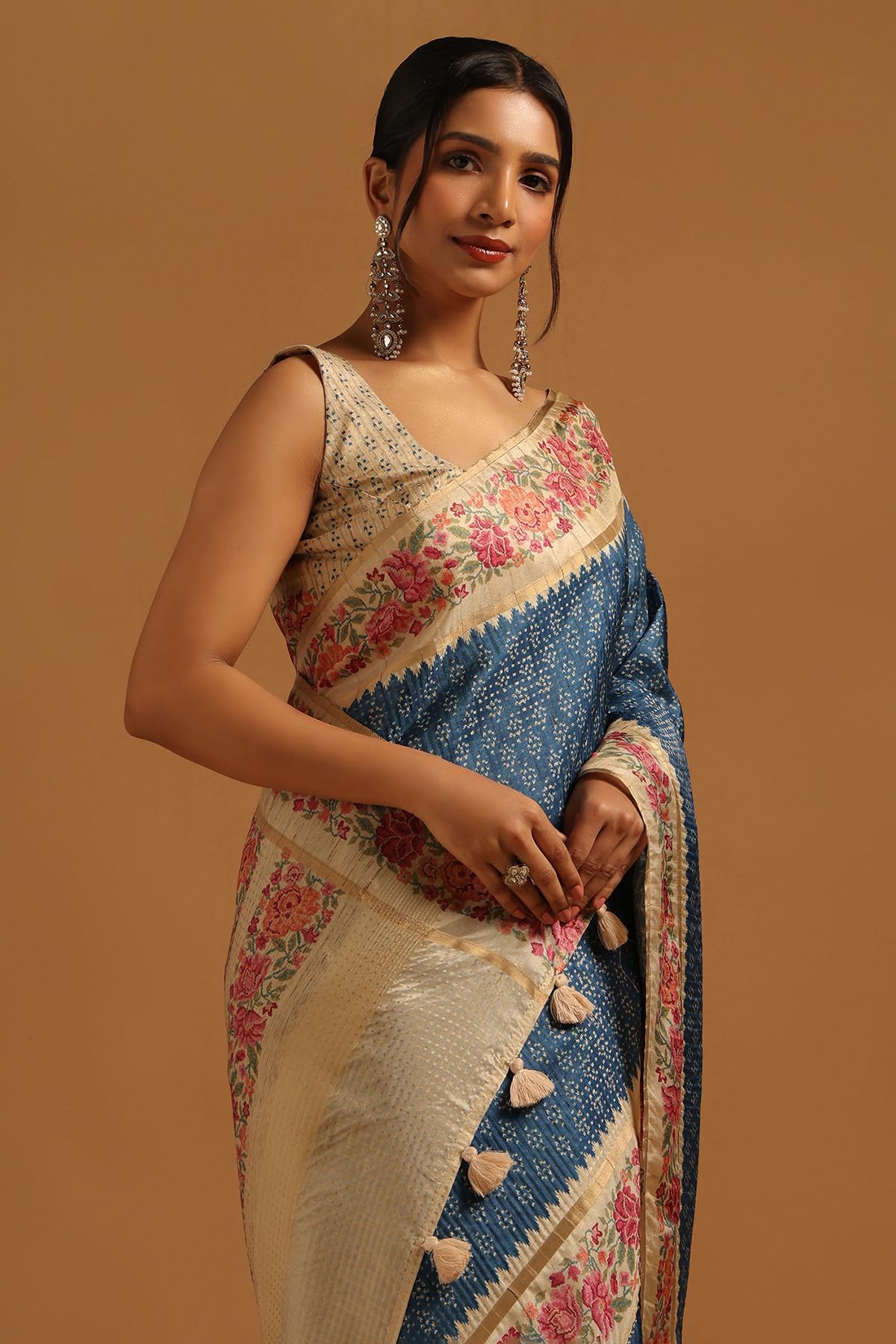 Soch Womens Blue Tussar Floral Saree With Zari Woven
